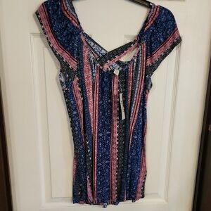 Vintage America Blue and Pink Asymmetrical Cap Sleeve Blouse